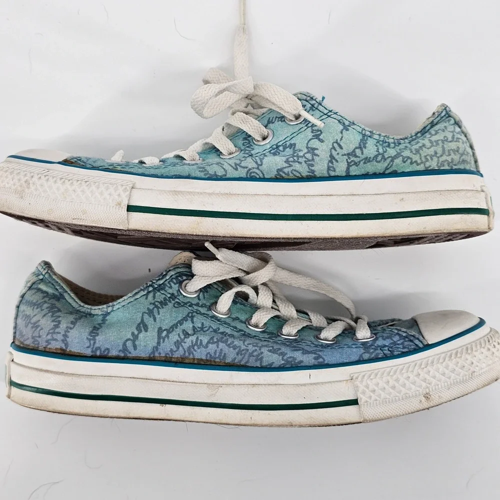 Converse Chuck Taylor All Star Womens 7 Teal Blue Script Print Low Top Sneakers - Picture 9 of 14